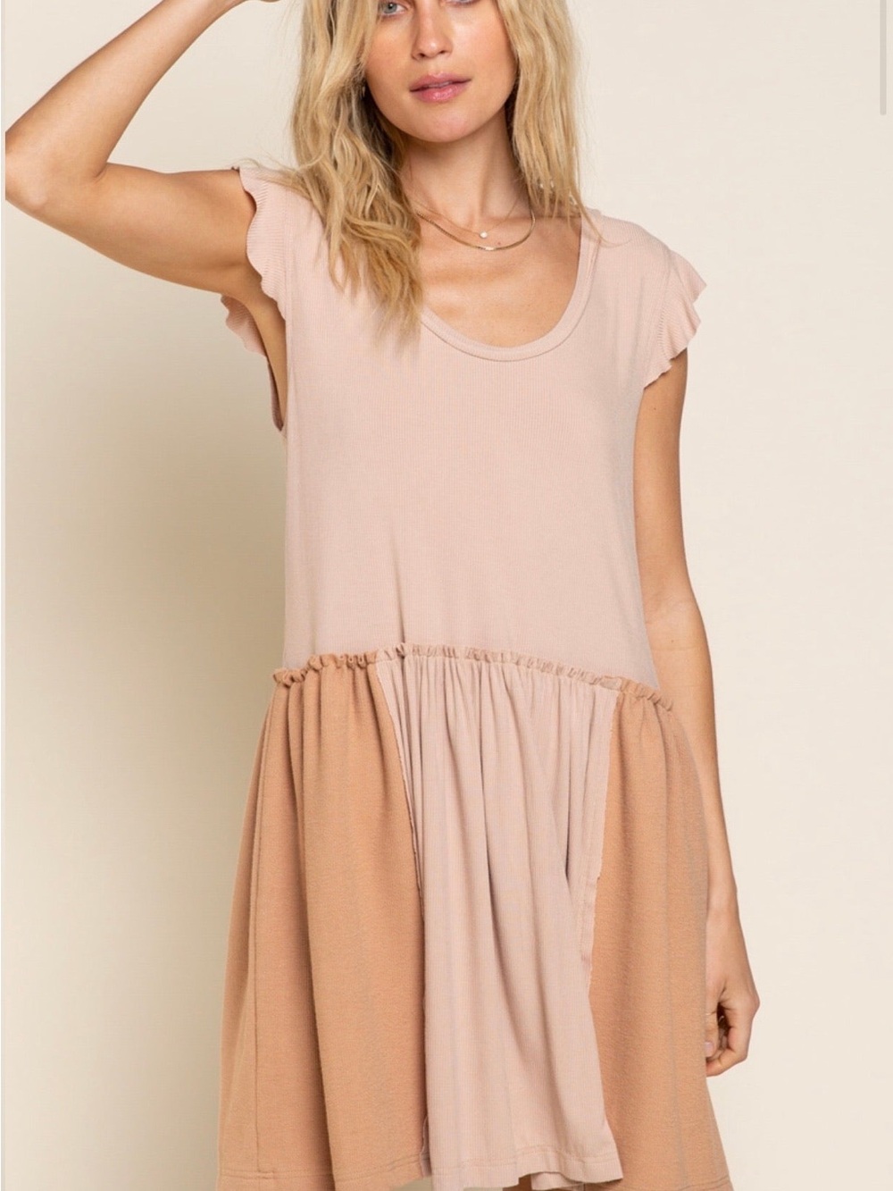 NWOT POL Two-Tone Beige & Camel Ruffle Sleeve Mini Dress